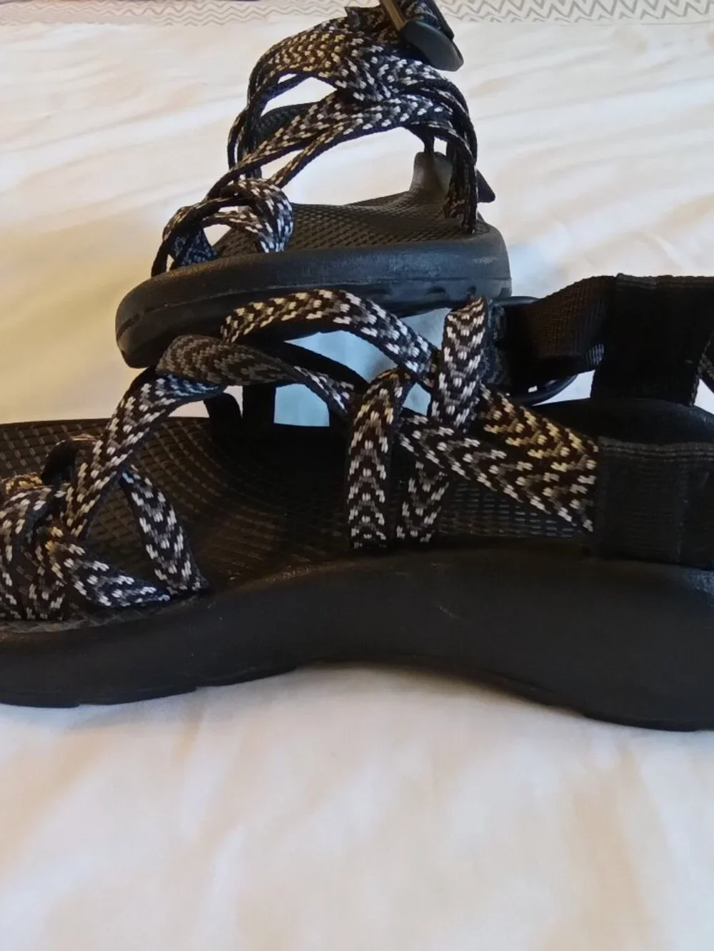 Women's Chaco strapoy sandals, blac, white and grey, size 6, pre-owned